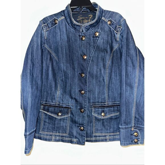 Seven 7 Women's High Brass Button Epaulets Denim Jean Jacket Size 18/20 XXL - Picture 1 of 7